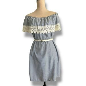 Urbanology Blue Striped Off-Shoulder Sundress with Lace Trim, Medium